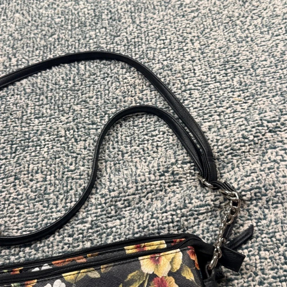 Rosetti Floral Bird Print Black Crossbody Bag Faux Leather Zip Purse